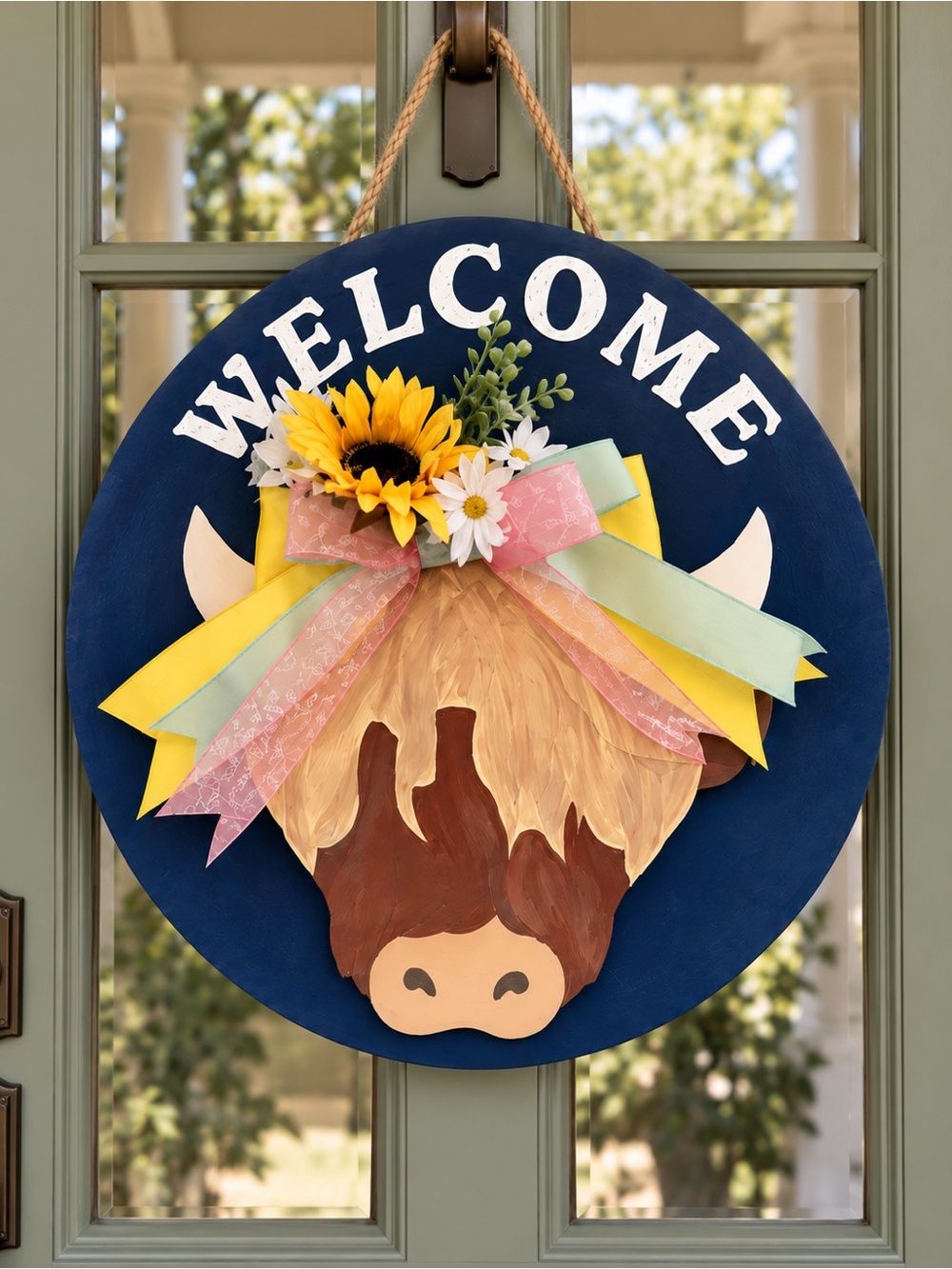 Welcome Highland Cow Door Hanger - Navy and Yellow